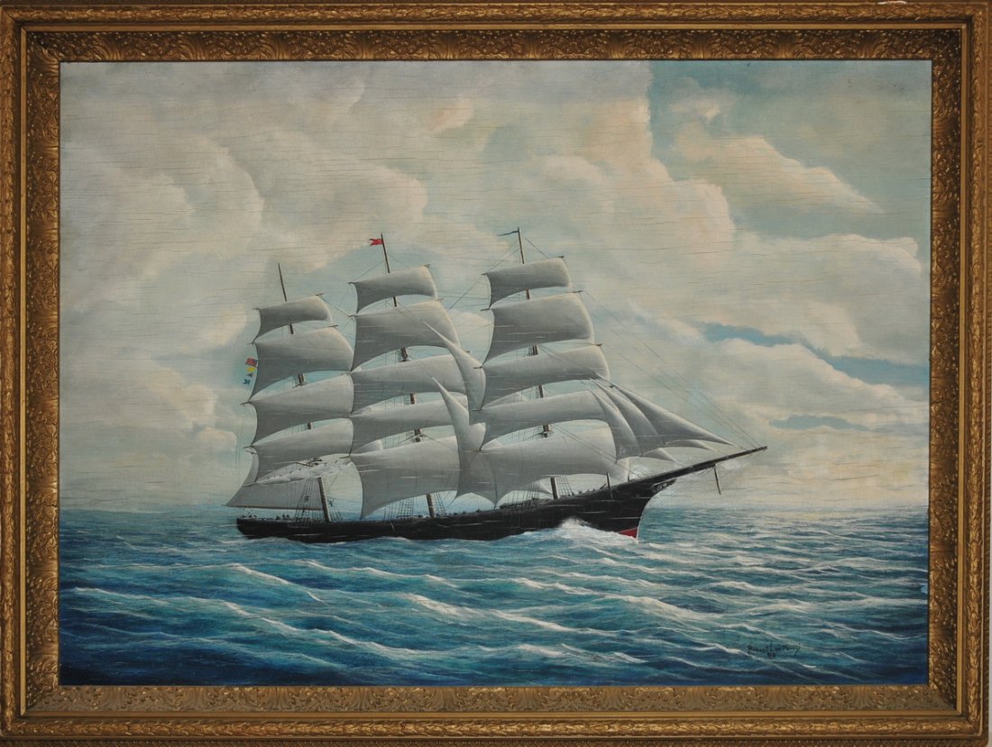 Oil on Board of Ship at Sea Signed Perry: Measures approx. 35.5" X 47.5" in a gold gilt frame 3.5" deep. Signed and dated bottom right: Robert Lee Perry, '53.