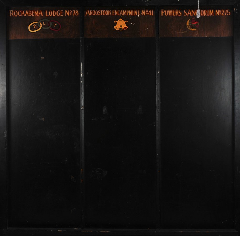 49" X 48" Odd Fellows Chalk/Score Board: Separated in three columns: Rockabema Lodge No. 78 Aroostook Encampment No. 41 Powers Sanctorium No. 275