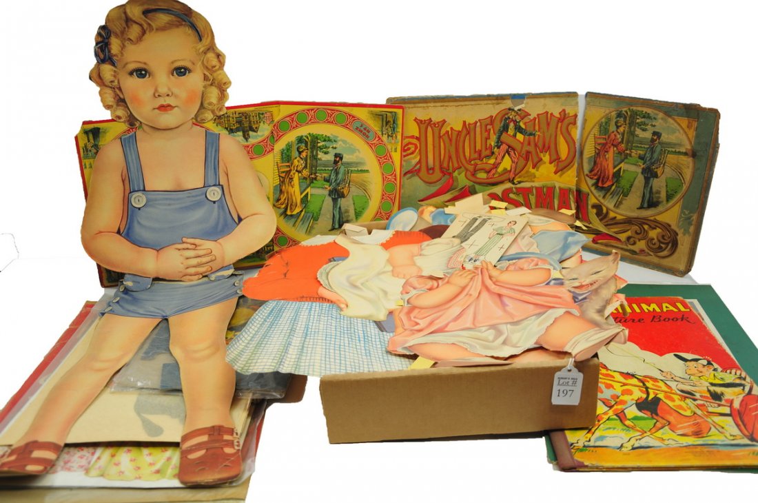 Mixed 19th and Early 20th C Ephemera Lot: Includes Victorian paper doll sets, cut-out books, picture books, puzzles, litho prints and posters, and other misc. ephemera.