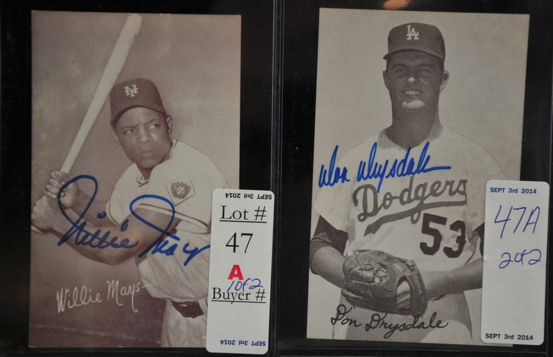 Two Autographed Exhibit Cards: Willie Mays and Don Drysdale