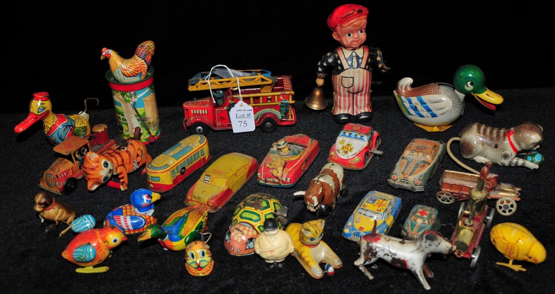 Lot of Vintage Tin Litho Wind-Up and Friction Toys: Includes 25 plus tin litho key wind or friction toys, some J. Chein, Japan, Occupied Japan, US Zone Germany--cars trucks, fire Engines, animals, etc.