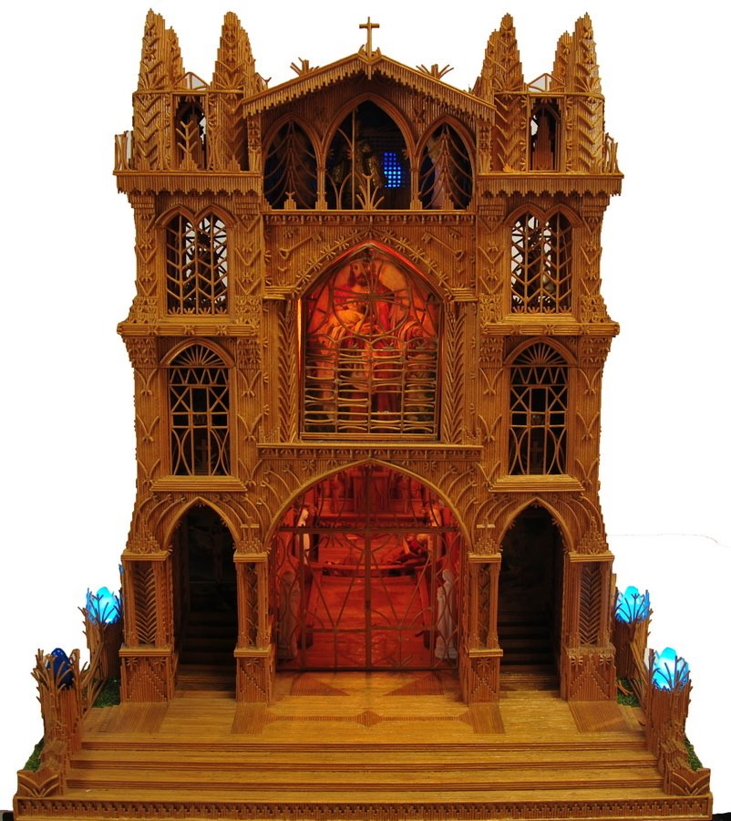 Hand-Crafted Reed-Built Model Cathedral in Case: Built by Dr. J. A. Beard of Lewiston, ME. The lighted model is incredibly intricate and detailed inside and out. It measures approximately 26" X 22" X 26" and sits inside a wood and glass case measuri