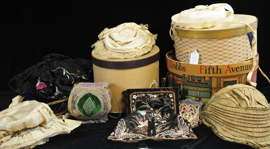 Collection of old Estate hats, bonnets: purses to include: 22 hats and bonnets, 3 hat boxes, 1 mesh purse, 1 decorated beaded purse, one purse with birds, one black floral robe, one vintage sleeveless, black gingham dress with petticoat and