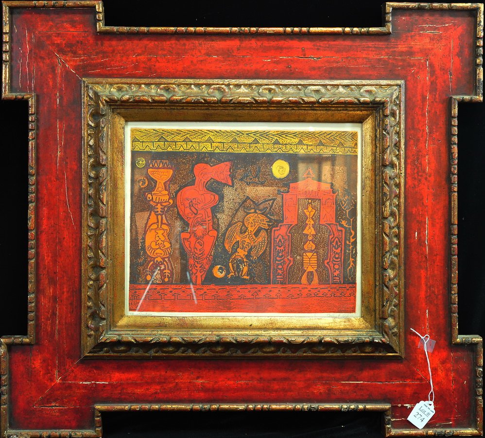 Three Judges print: in irregular frame, Asian subject matter signed by John and last name illegible, 14" x 12 1/2" in frame with widest point 26 x 24.