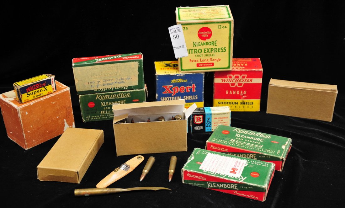 Old ammunition in boxes: to include Western Expert shot gun shells, Winchester Ranger shot gun shells, Remington Kleanbore 250 Savage Hi Speed Center fire smokeless cartridges with few shells, full box of Kleanbore Nitro Expr