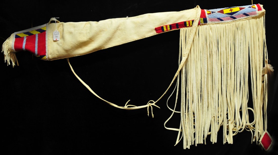 Replica Native American gun case: by Verle Hootchew, Shoshone Native American was commissioned to make this rifle case. Beadwork, fringes, hide, well made decorative 43 1/2"L.