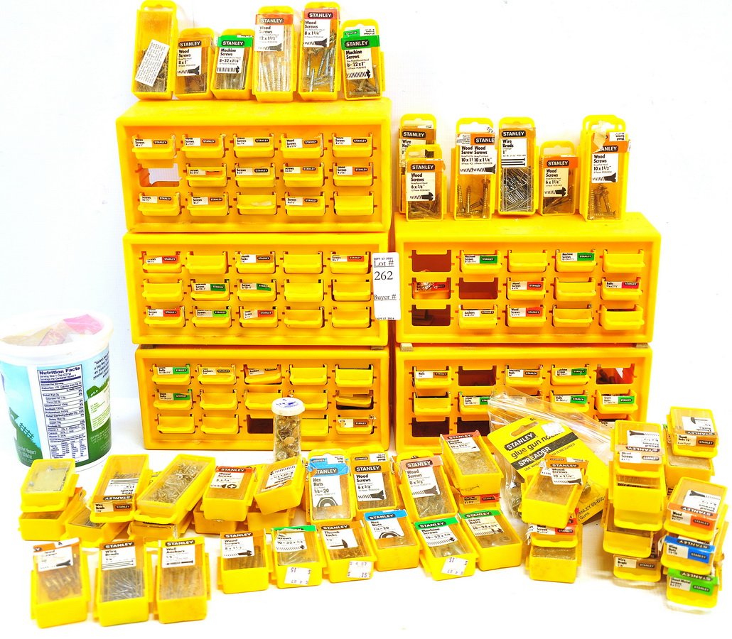 Box Loaded With Small Tools and Hardware: Includes man boxes of nails and screws, tacks, wire
