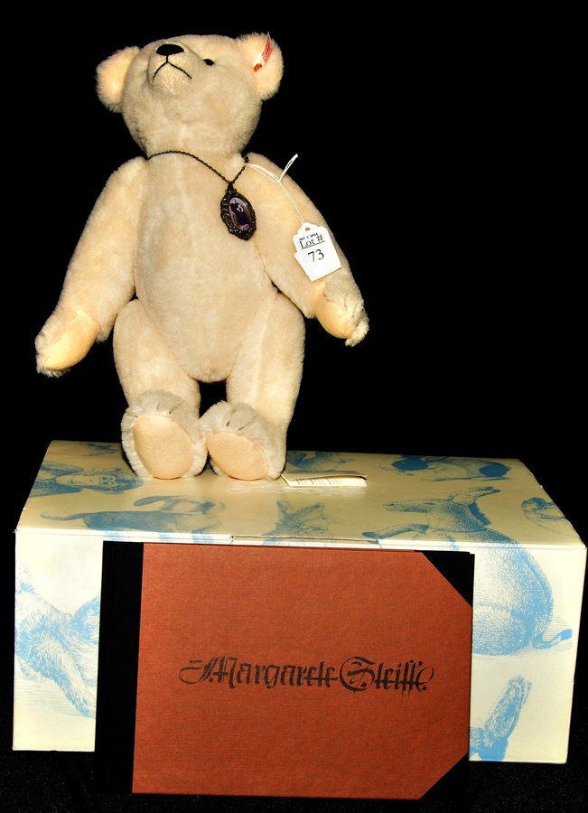 Steiff Margarete white Teddy Bear: with Scrapbook and original tags and original box, bear is 13" H, Steiff button in ear.