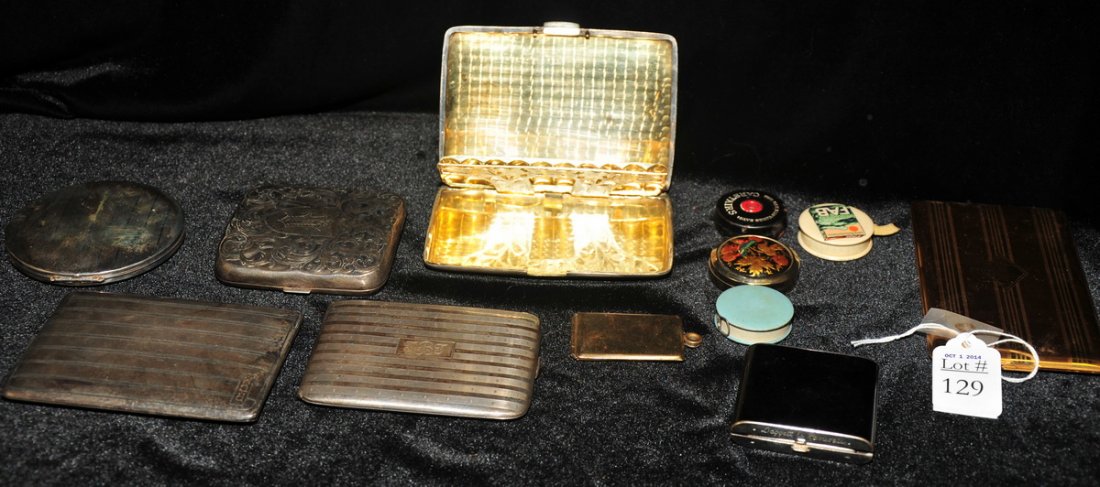 12 pieces misc lot of compacts and small tape: measures to include: Havone sterling insert compact, some monogrammed compacts, another compact signed RCM, mostly ornate, a compact made in Stratton England, etc. Good fresh estate collection!