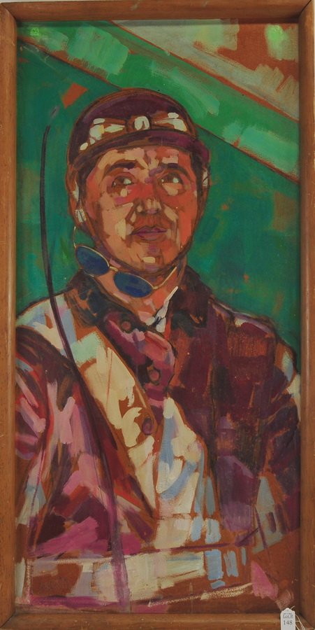 Oil on board: depicting jockey with his colors, whip, sunglasses, helmet, colorful, signed on the lower left, Martts, 22" x 45 1/2". A must have for a race horsing collectible!