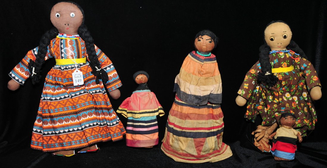 Five American doll collection: to include three Seminole doll, mother child and baby c.1950's and two Penobscot dolls, c. 1980's.