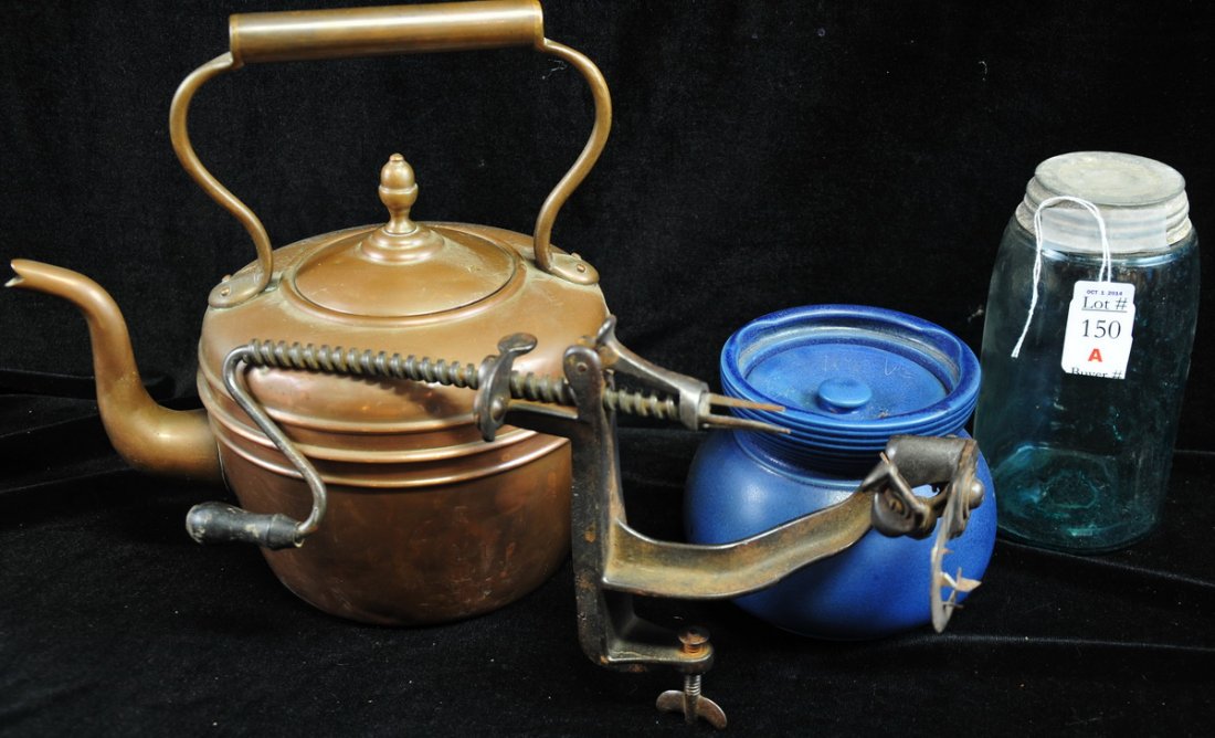 Lot of Country Items: 1858 Mason Jar, Little Star Apple Corer, Comoy's Pottery Covered Canister, and Copper tea Kettle
