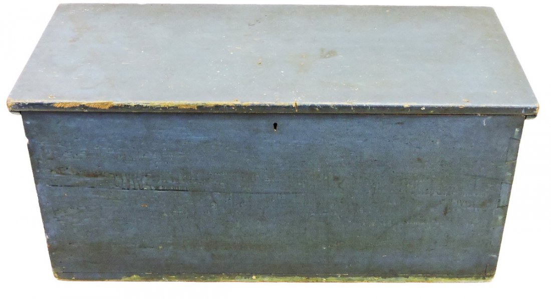 Dovetailed blue chest: 37 x 17 x 17. Also an advertising box "Stickney and Poor's, C. R. Tartar, 50 lbs on one side, 17 x 11 x 12.