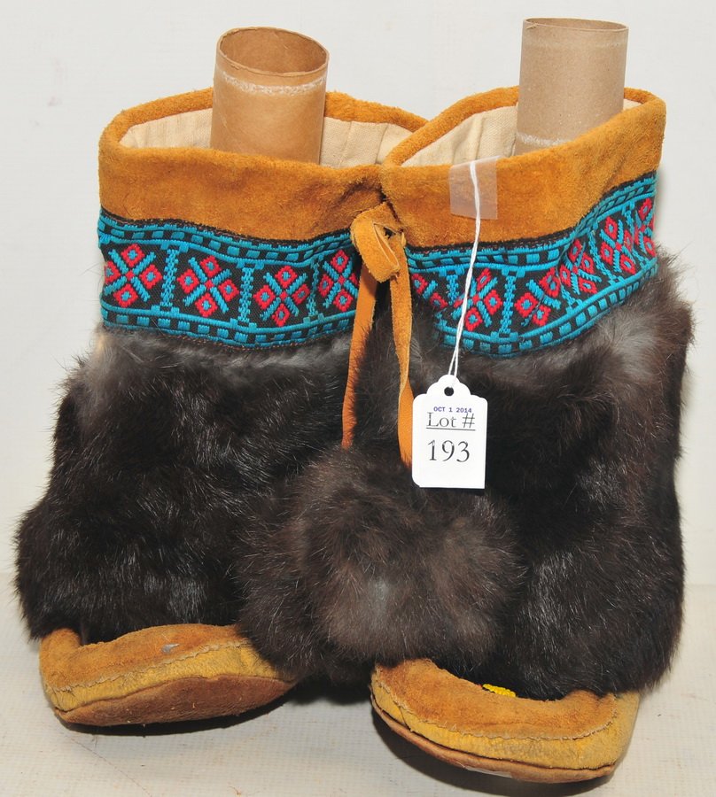 Pair of S2-5 Moose leather beaded: rabbit fur Canadian mucklucks, c. 1970.