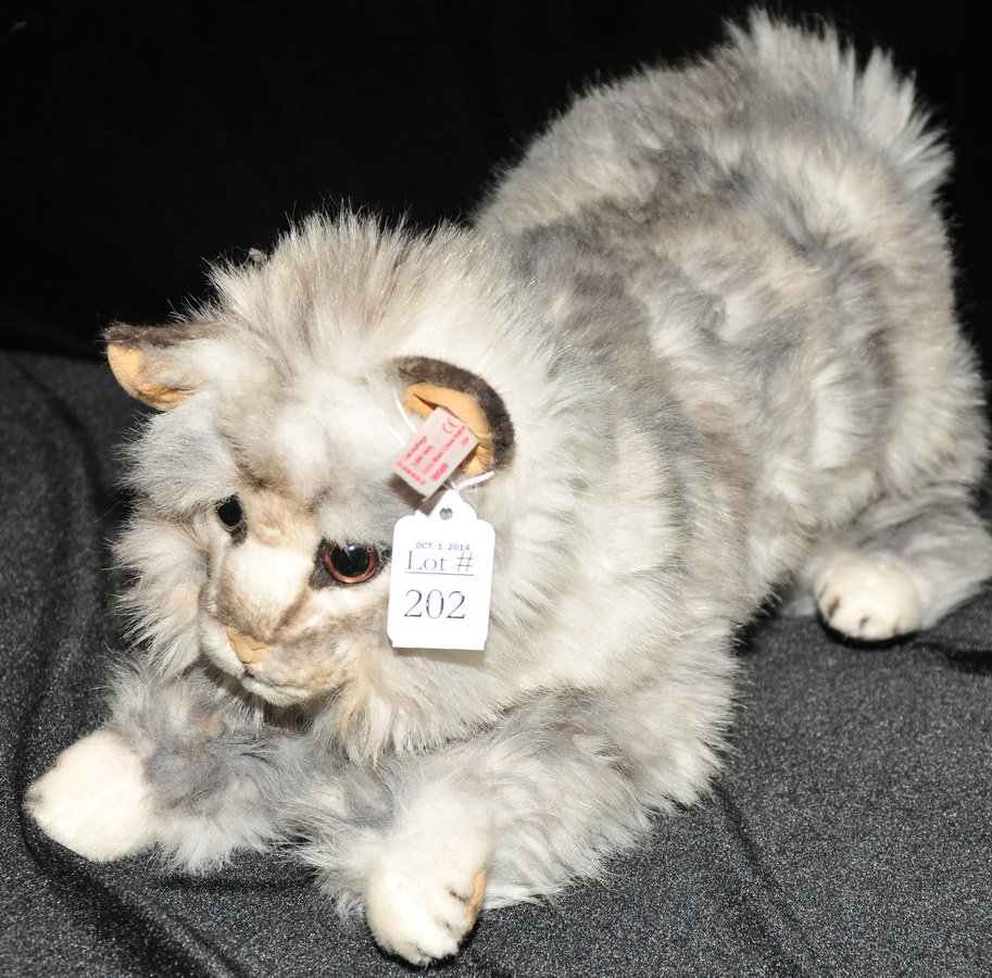 Steiff gray and white in color: cat with Steiff button in ear, tags, 24" L head to tail.