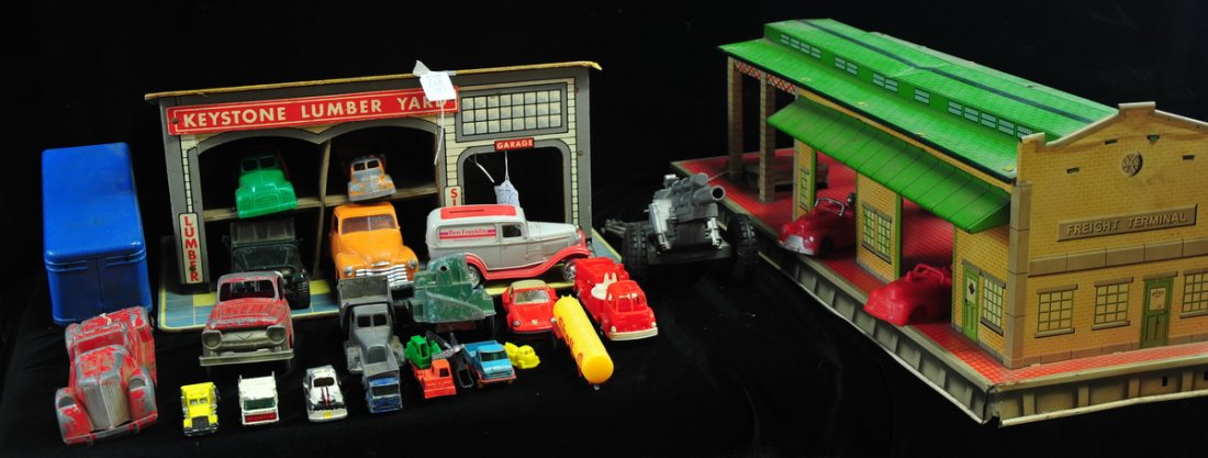 Collection of toys: Keystone Lumberyard Building, Marx Tin Litho Train Station and more.