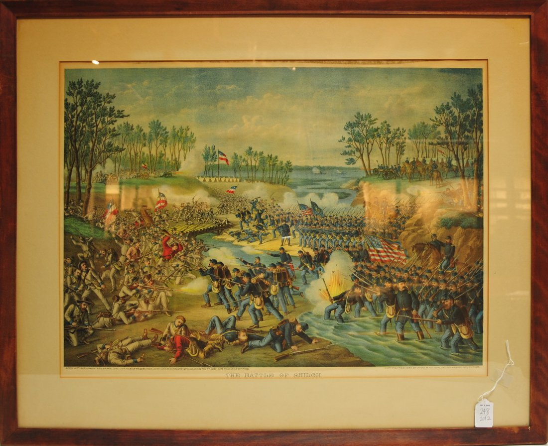 Two prints: "The Battle of Shiloh" c.1886 , 25" x 18 1/2" and "The Battle of Chattanooga" c. 1888, by Kurz and Allison 25" x 18 1/2" . Both prints depicts close range hand to hand fighting, weapons, maneuvers, we
