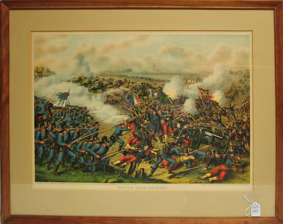 Print "Battle Near Orleans": December 4, 1870, German, Bavarians and French, colorful, detailed, fighting, artillery, swords and arms. By Kurz and Allison Art publishers, Chicago, USA, in frame 25" x 19"