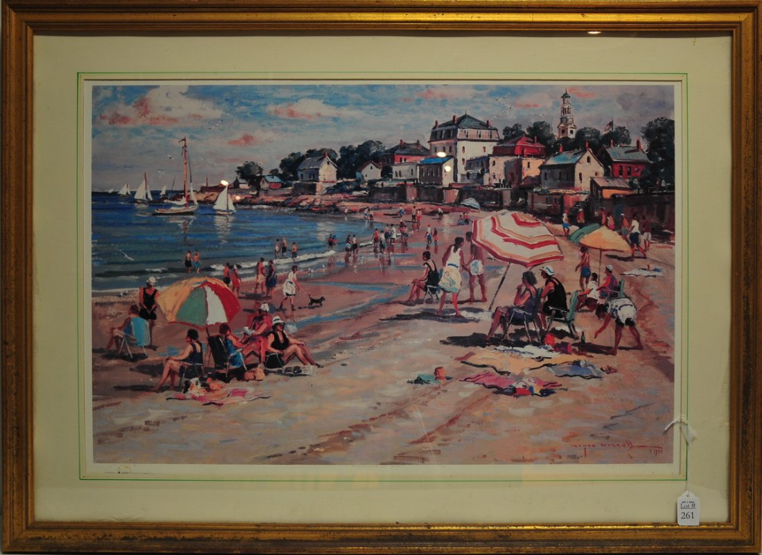 "Front Beach, Rockport, MA" by Wayne: Morrell, 1985. Detailed beach scene, people, dogs, impressive colorful print, 29" x 20"