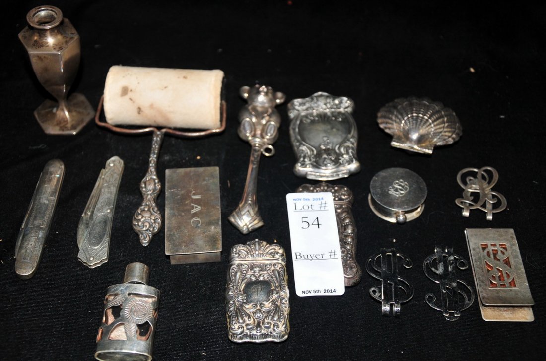 Collection of Sterling Silver Items: Match Cases, Money Clips, Pill Boxes and more