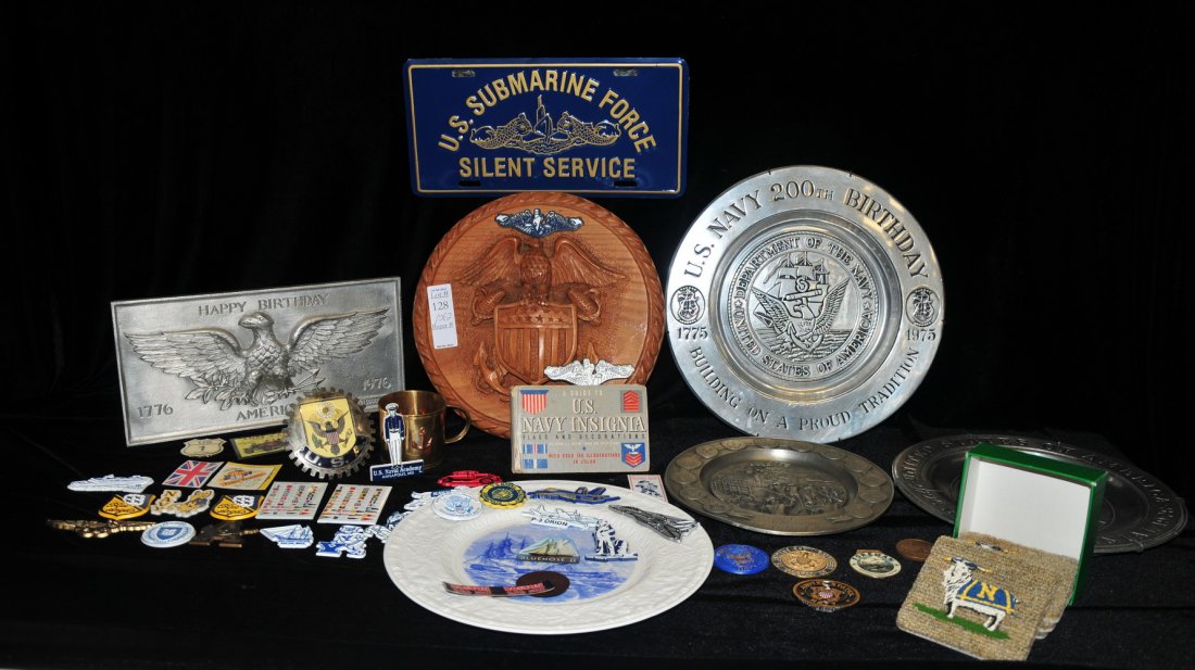 Collection of Naval Items: Including Ship and Submarine Plaques and Insignia, Patriotic Items
