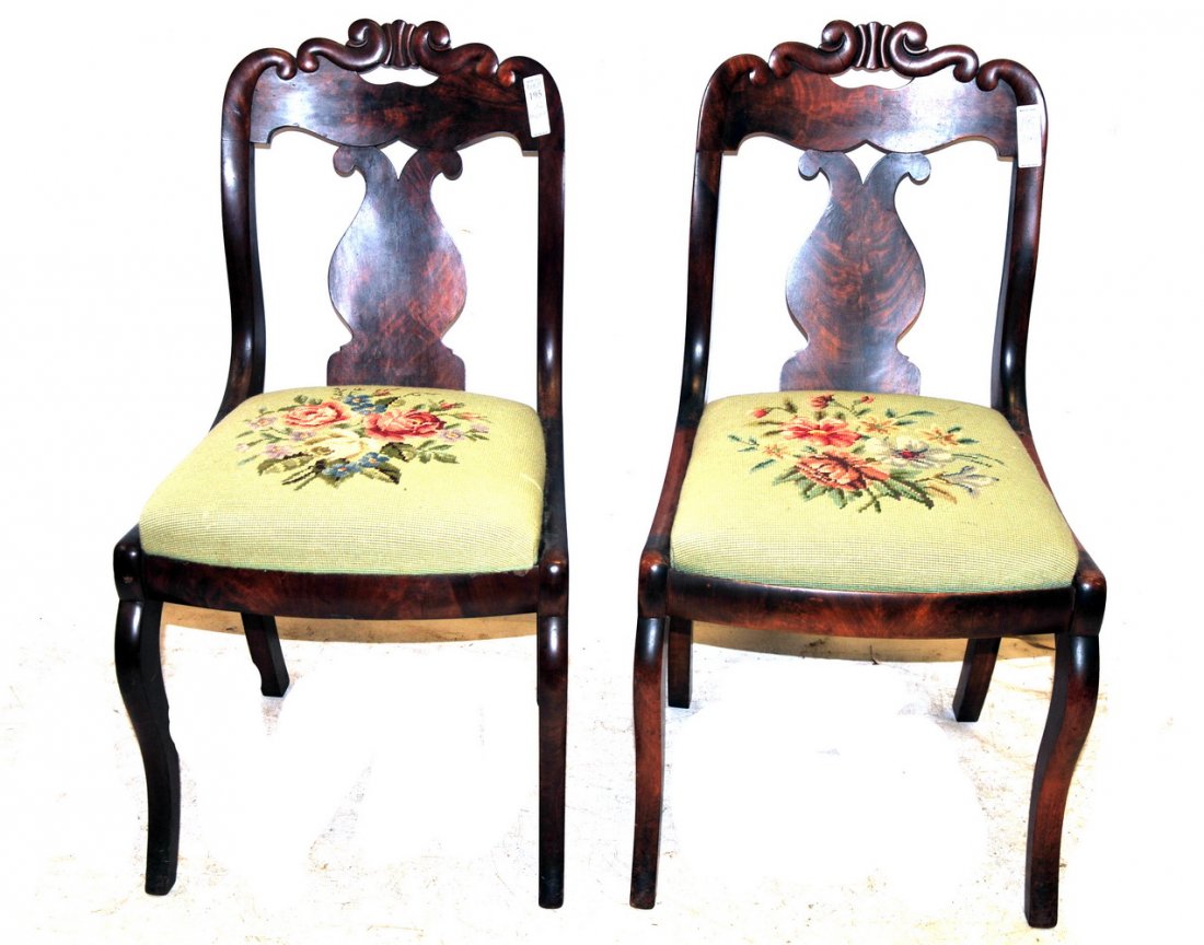 Pair of Antique Needlepoint Mahogany Side Chairs: Pair of Antique Needlepoint Mahogany Side Chairs