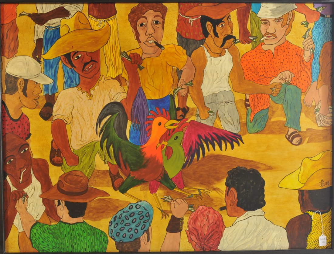 AOB 36x48 framed "Pelea De Gallos" 1992: By Frank Diaz Escalet