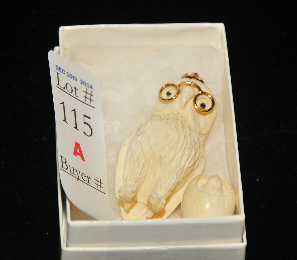 Carved Ivory Owl and Hatching Egg: Carved Ivory Owl and Hatching Egg