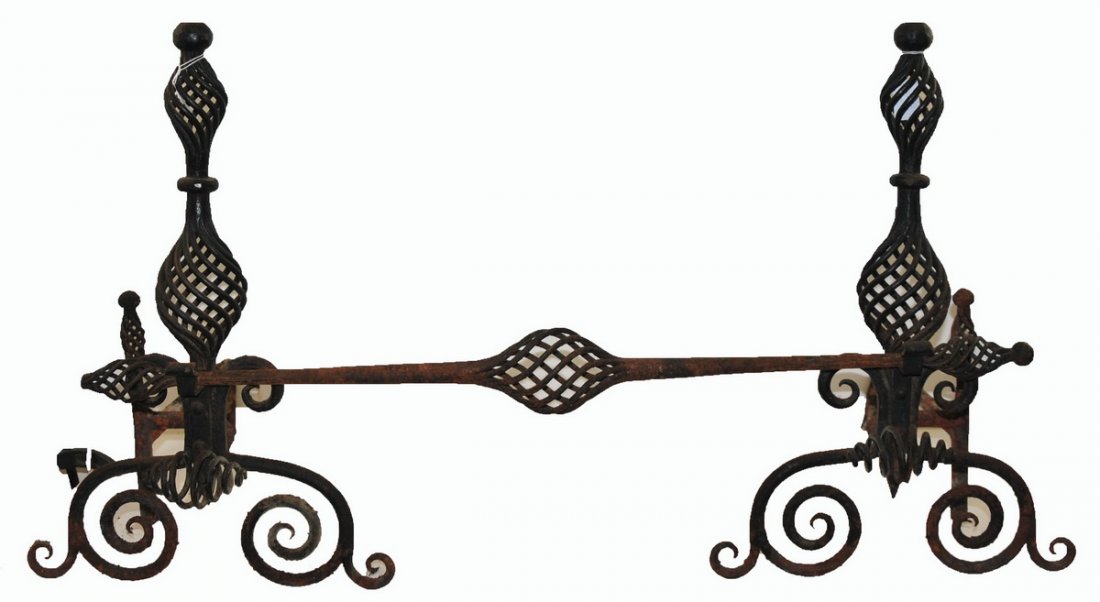 Collection of fireplace items to include:: Pair of wrought iron andirons 24" H, andiron crosspiece 39", 3 tiered black fireplace screen 51" W x 31" H, and fireplace tools with stand.