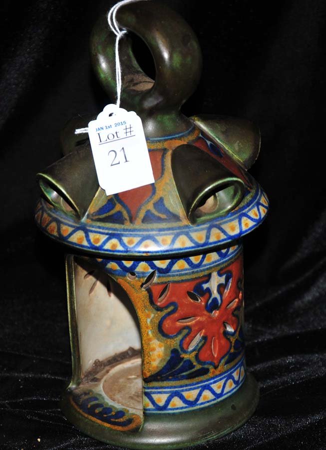 Old Gouda Art potter candle lantern lamp: 10", signed on bottom 1041 Gandin Gouda Holland.