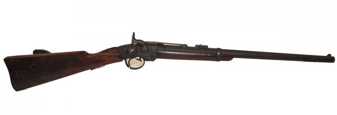 1857 Smith Carbine, 52/54 caliber: has cartouche mark and company letter "H" on both sides of stock has damage to the stock, see photos, 39" L. A veterans Civil War firearm!