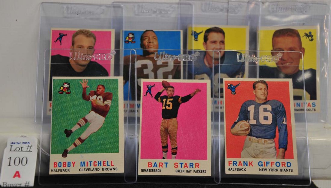 7 1959 Topps Football Cards: Johnny Unitas, Jim Brown, Bart Starr, Frank Gifford, Paul Hornung, Pat Summerall and more
