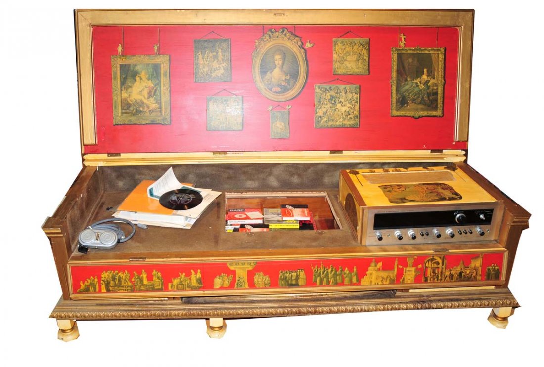 Entertainment center: decorated lift top box, with Pioneer stereo receiver, is very heavy will need alternative shipping! 5' L x 18" H x 2' D.