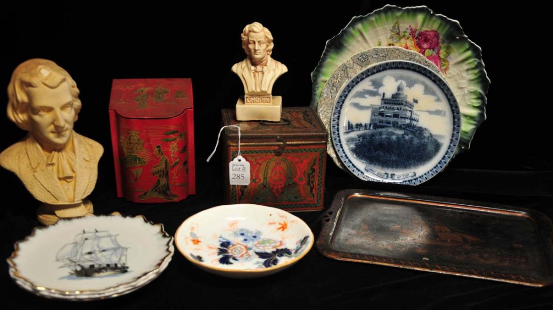 Misc collection to include:: Couple tin tea boxes, hand painted tray depicted masted vessels with American flags 12 1/2" L x 8 1/2" W, 81/2" saucer plate depicting Machinery Building Worlds Columbian Exposition with aged crack by