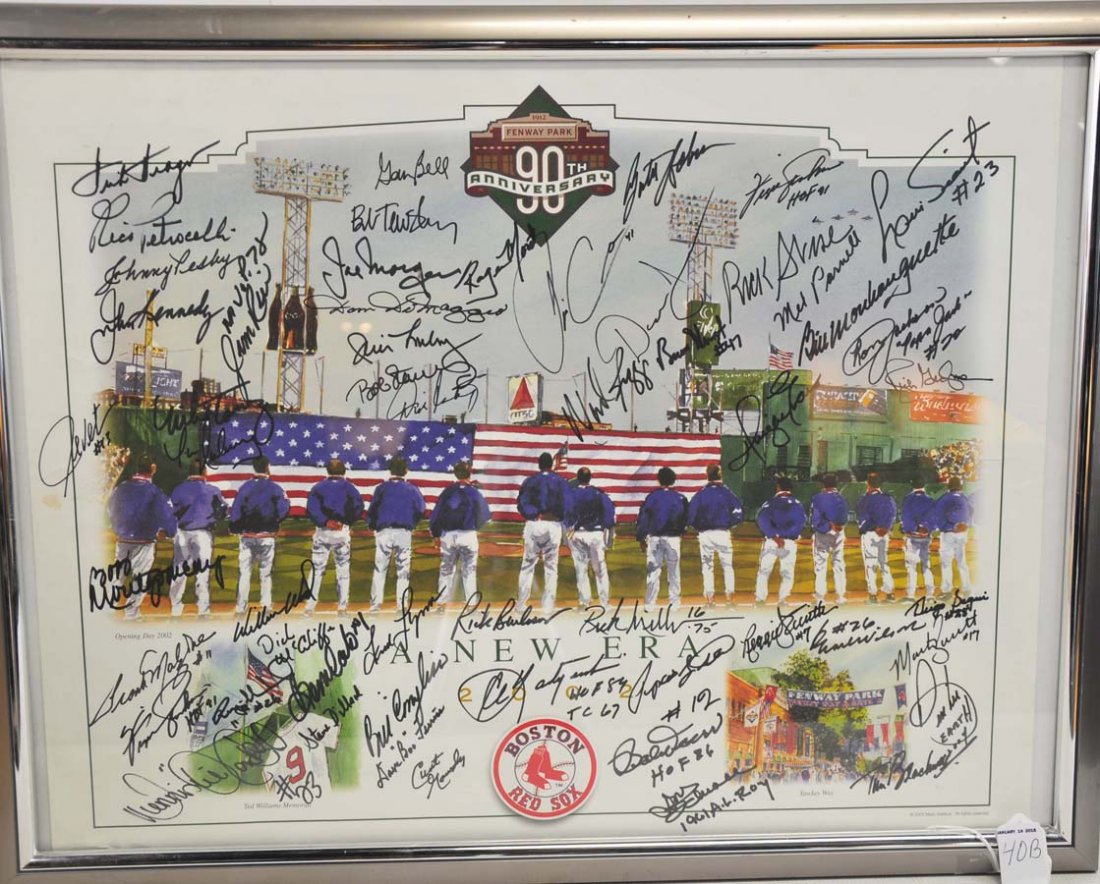 90th Red Sox Reunion Autographed Print: Signed by Wade Boggs, Yaz, Ferguson Jenkins, Jim Rice, Bobby Doerr, Curt Goudy, Dom Dimaggio, Luis Tiant, Johnny Pesky, Rico Petrocelli, Bob Lee and Dwight Evans. 54 Total signatures JSA LOA