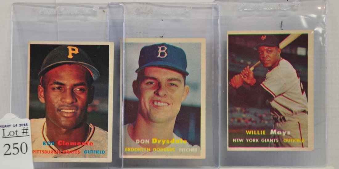 Three 1957 Topps Cards: Willie Mays, Roberto Clemente and Don Drysdale