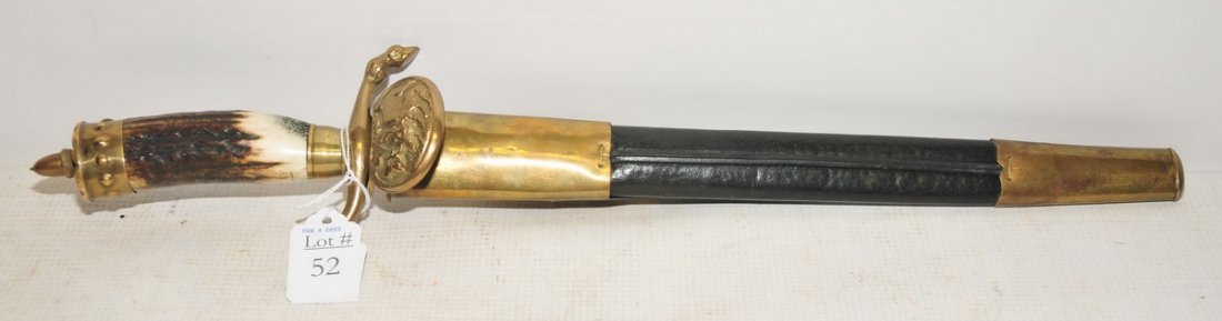 Unusual WWII Era German Hunting Dagger: Marked WEyersberg solingen. Antler Handle with small Knife lodged in original scabbard, Heavily engraved hunting scene on blade.