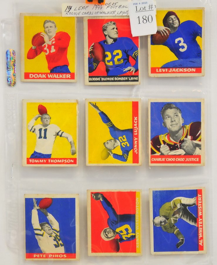 Collection of fourteen Leaf Football removed: from scrapbook, real nice fronts some partial paper loss on backs. Includes Rookie cards of Walker, Layne, Lujack & Pihas. Plus Choo Choo Justice, plus a 1952 Robin Roberts, interesting grouping!