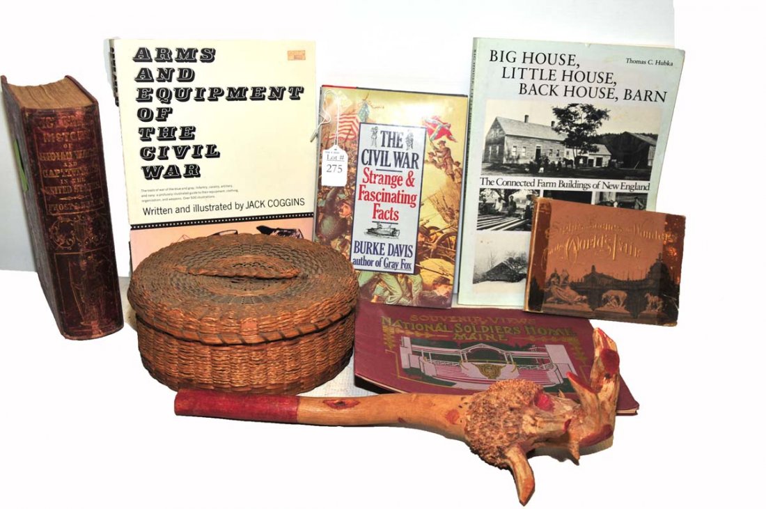 Misc collection of items: Indian Wars of the United States by John Frost, LL. D with numerous engravings spine intact published by Derby and Miller, Auburn 1851. Sweet grass sewing basket, Root War club 15", Views of National 