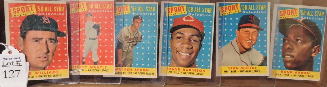 6 1958 Topps All-Star Cards: Mickey Mantle, Ted Williams, Hank Aaron, Stan Musial, Frank Robinson, and Warren Spahn