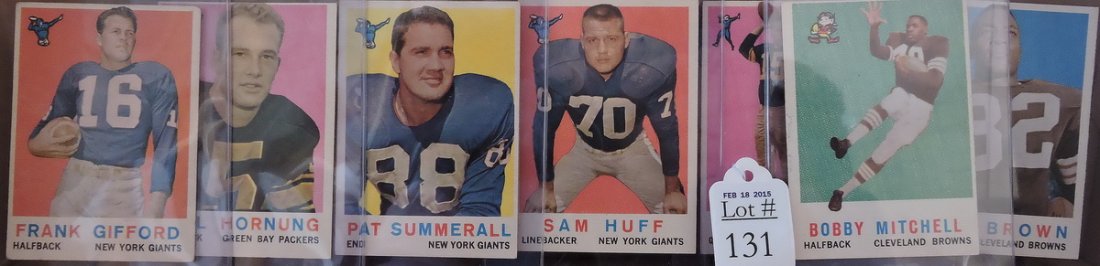 7 1959 Topps Football cards: Jim Brown, Bart Starr, Sam Huff, Frank Gifford, Paul Hornug and Pat Summerall and Bobby Mitchell