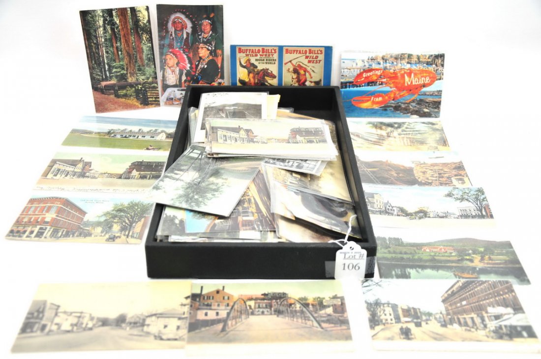 Collection of 150 postcard many Maine: cards: Auburn, Lewiston, Wiscasset, Norway, Mechanic Falls, etc. picturesque old Main Streets, animals, people and advertisements.