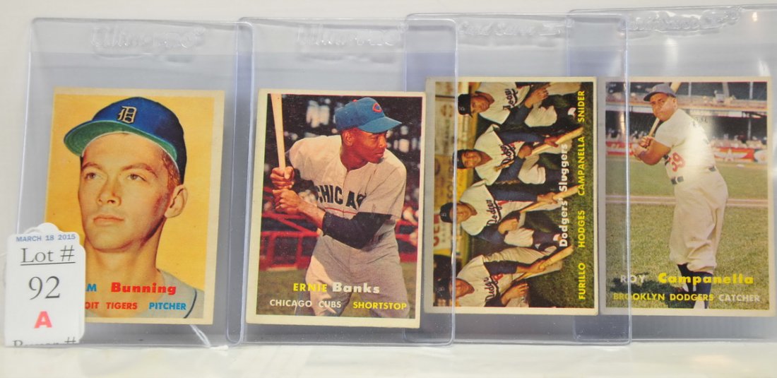 4 1957 Topps Cards: Ernie Banks, Jim Bunning, Roy Campanella and Dodgers Sluggers