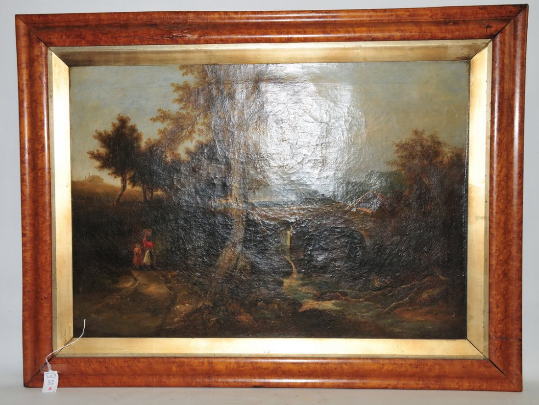 Oil On Canvas Landscape: By William Carter 1834 measures 30x21, signed lower left and dated, in wonderful Birdseye maple frame