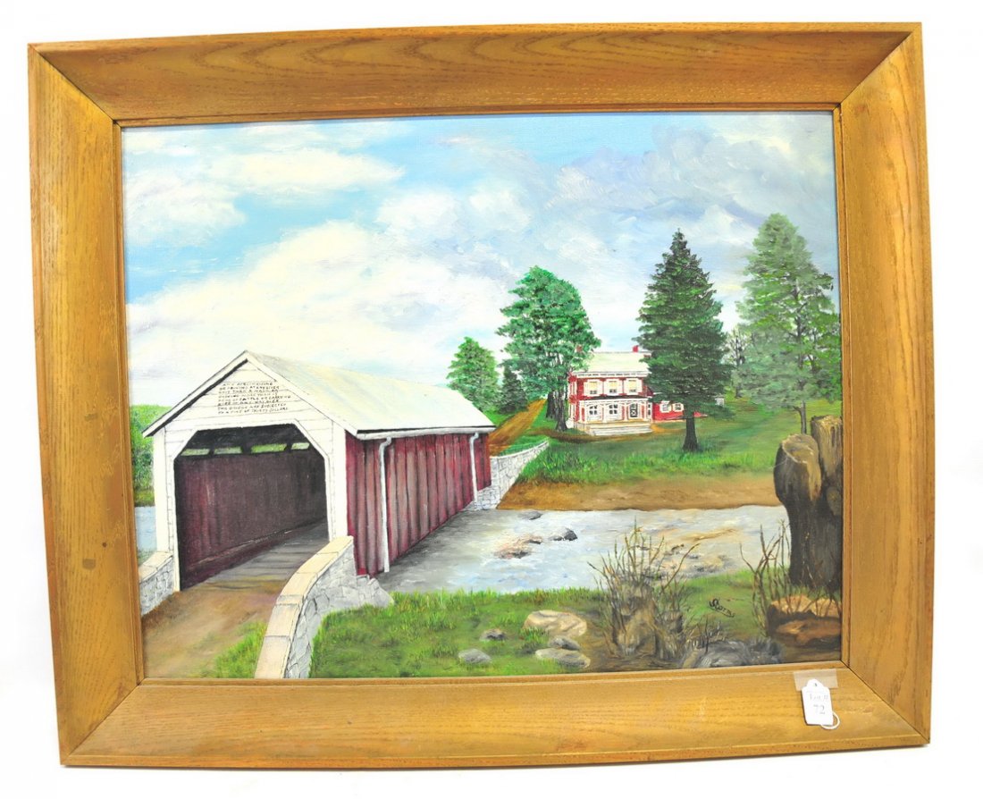 Oil on canvas: depicting covered bridge over stream, landscape, homestead, signed lower right by Storms. On back signed Mifflinburg Covered Bridge, Buffalo Creek, Union Co. PA. also has old James Julia auction tag. 