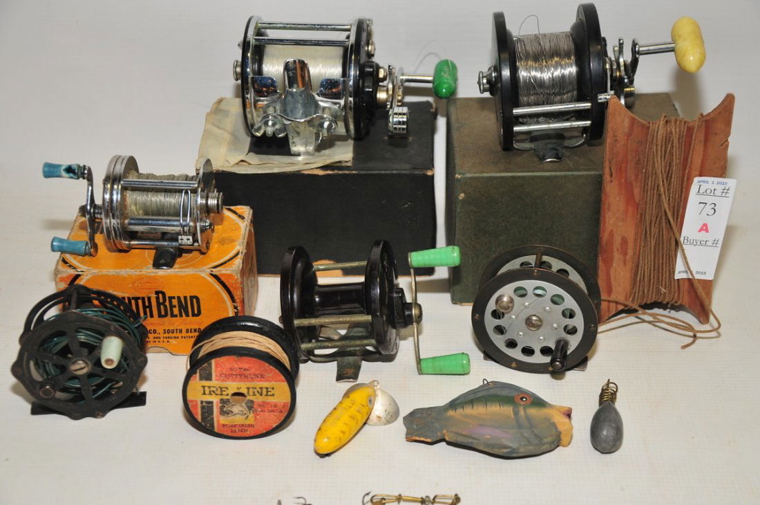 Collection of Vintage Fishing Reels: Penn Leveline 350 In Original Box, Penn Light Casting 165 In Original Box, South Bend #30 in Original Box, Penn #77, Pflueger Progress #1774, Unmarked Fly Reel, Unmarked Spinning Reel and antique hand