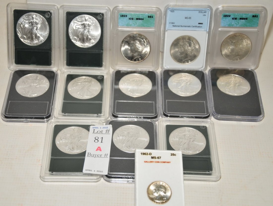 Collection of US Coins: Including 1962-D Quarter, 1922 Peace Dollar, 1925 Peace Dollar, 1923 Peace Dollar, 10 Silver Eagles 2014.
