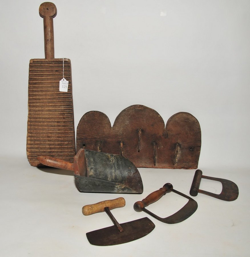 Antique Country Items: To include 3 wooden handled choppers, wooden and iron grain scoop, primitive meat hook wall piece with wooden back and 5 iron hooks "interesting wall hanger", old wooden paddle with grooving
