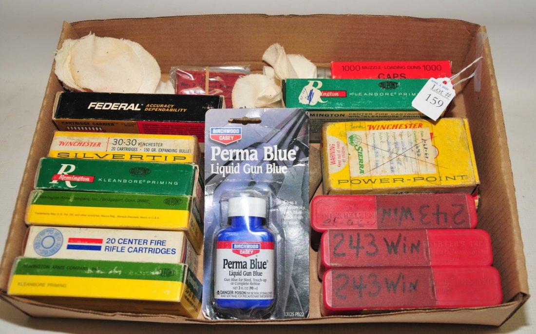 Rifle Ammo Lot: A mix of 30 30 Win and 243 Win. There is over 1000 black powder percussion caps included