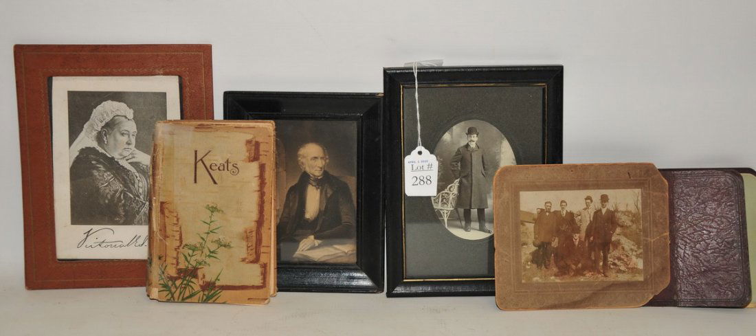 Misc. Collection: 4 small busts, Handle, Beethoven, Mozart, Omero last two have damage, small photos and frames, old autographed book, book of poems by John Keats 1817, ships wheel barometer
